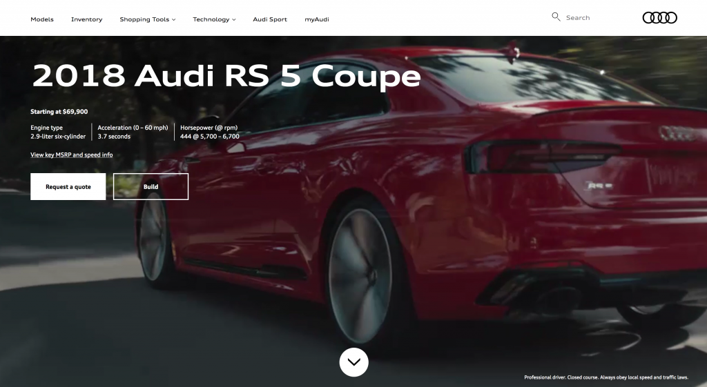 Screenshot of Audi RS 5 Coupe landing page